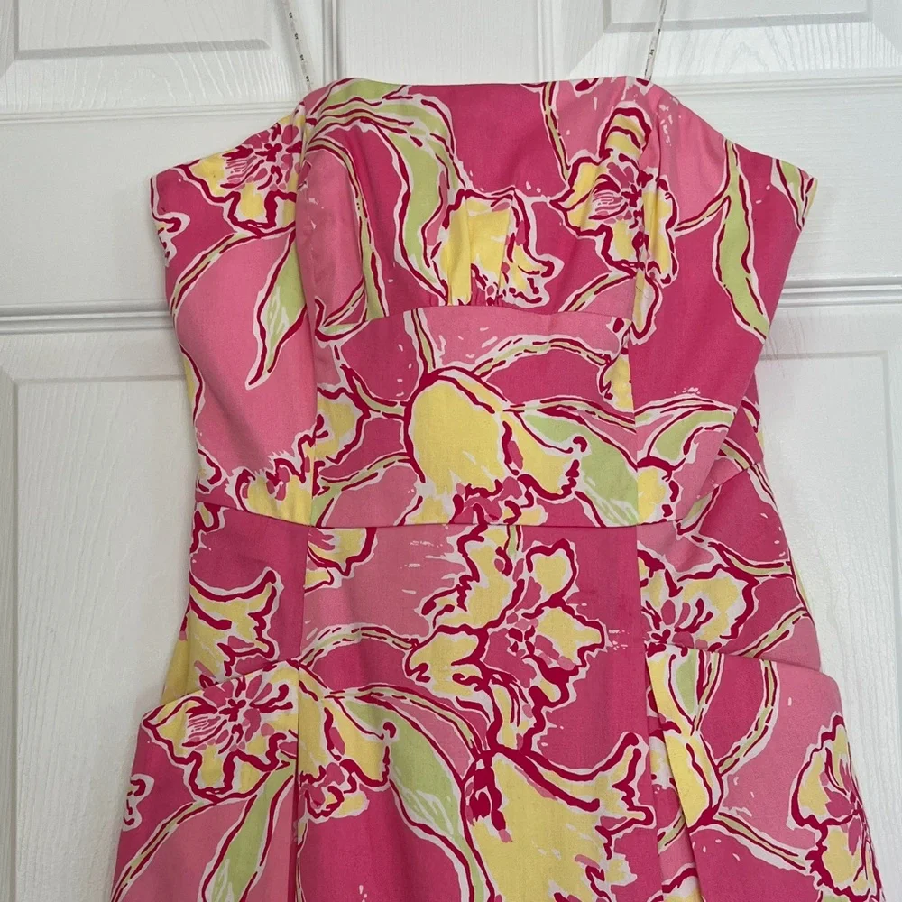 Lilly Pulitzer ClassicPink and Yellow Strapless Floral Dress With Slash Pockets - Picture 8 of 16